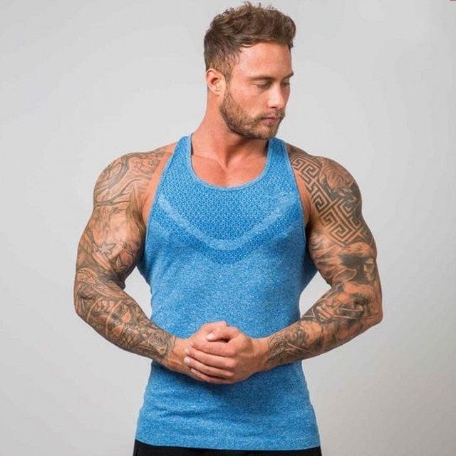 ALLRJ Lake Blue / L Muscle Workout Men's Running Vest Sports Training Bodybuilding Breathable Stretch T-shirt