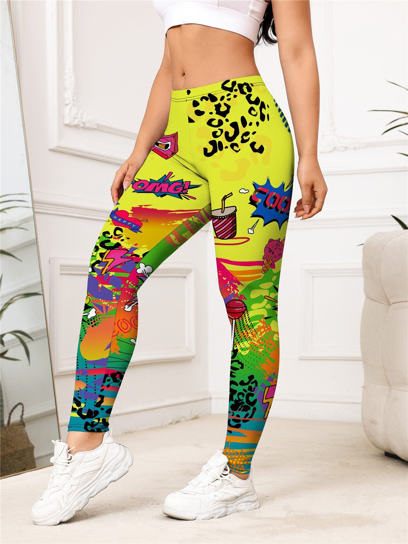 ALLRJ Picture Color / L Yellow Cartoon Printed Sports Slim-fitting Leggings