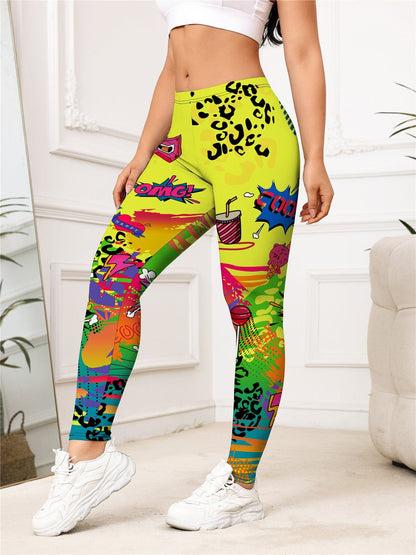 ALLRJ Picture Color / L Yellow Cartoon Printed Sports Slim-fitting Leggings