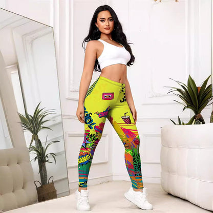 ALLRJ Yellow Cartoon Printed Sports Slim-fitting Leggings