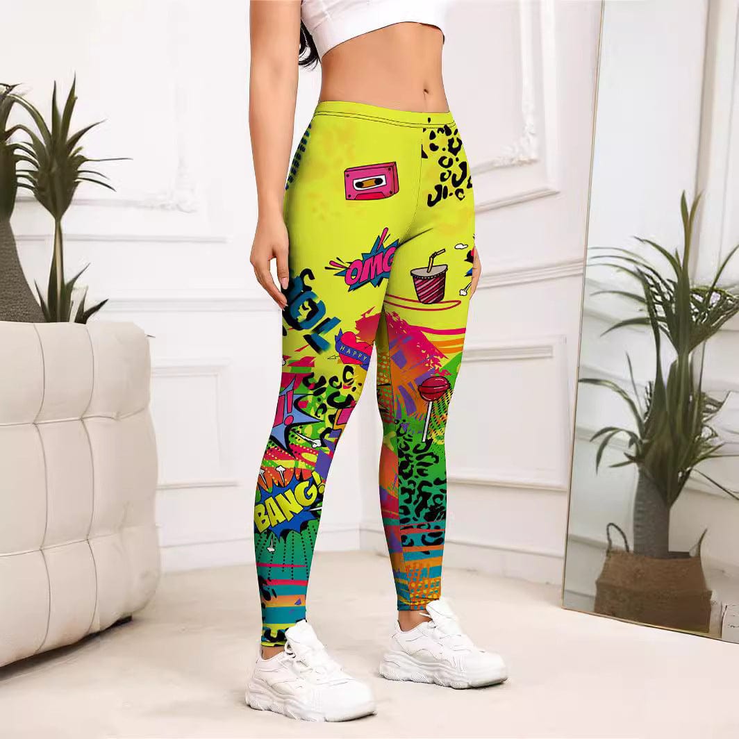 ALLRJ Yellow Cartoon Printed Sports Slim-fitting Leggings