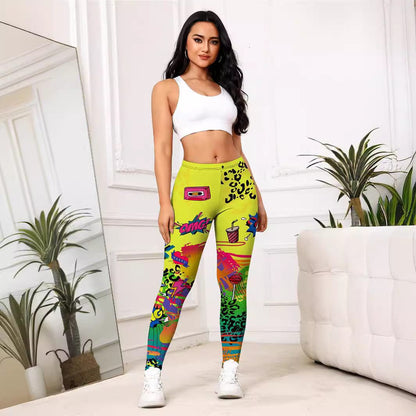 ALLRJ Yellow Cartoon Printed Sports Slim-fitting Leggings