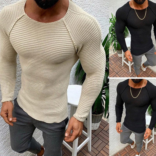 Slim-fit Long-sleeved Round Neck Knit Pullover Shirt - ALLRJ